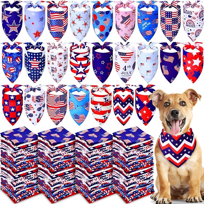 Abbylike 200 Pcs Patriotic Dog Bandanas Bulk Labor Day Bandanas for Dogs Triangle Kerchief Scarf Set for Puppy Small Medium Large Workers&