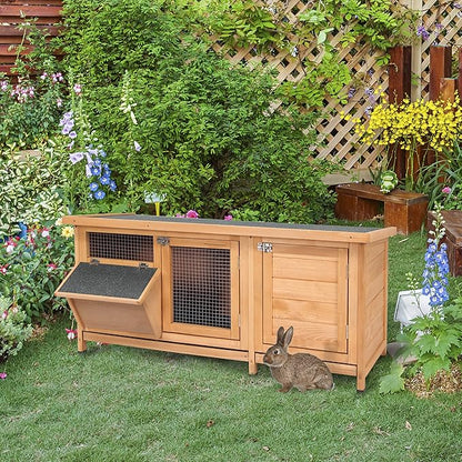 PawHut Wooden Rabbit Hutch Bunny Hutch Cage Guinea Pig with Waterproof Roof, No Leak Tray and Feeding Trough, Indoor/Outdoor, Natural