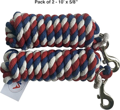 Majestic Ally Pack of 2 Solid Cotton Lead Rope for Horses &amp; Livestock – 10 Foot Long and 5/8 inch Thick - Replaceable Heavy-Duty Satin Bolt Snap – Handmade – Soft, Broken in Feel (Patriotic)