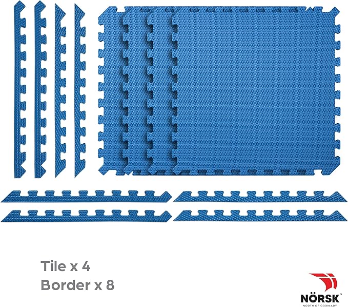 Norsk Reversible Gym Exercise Mats 3/4" Thick EVA Interlocking Foam Tiles, Perfect Home Gym Flooring, 36 Tiles &amp; 72 Trim Pieces, 144 Sq. Ft. Reversible, Dazzling Blue/Black