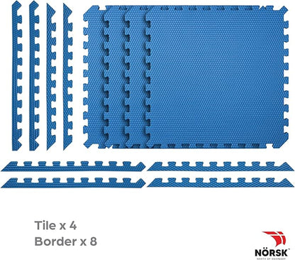 Norsk Reversible Gym Exercise Mats 3/4" Thick EVA Interlocking Foam Tiles, Perfect Home Gym Flooring, 36 Tiles &amp; 72 Trim Pieces, 144 Sq. Ft. Reversible, Dazzling Blue/Black