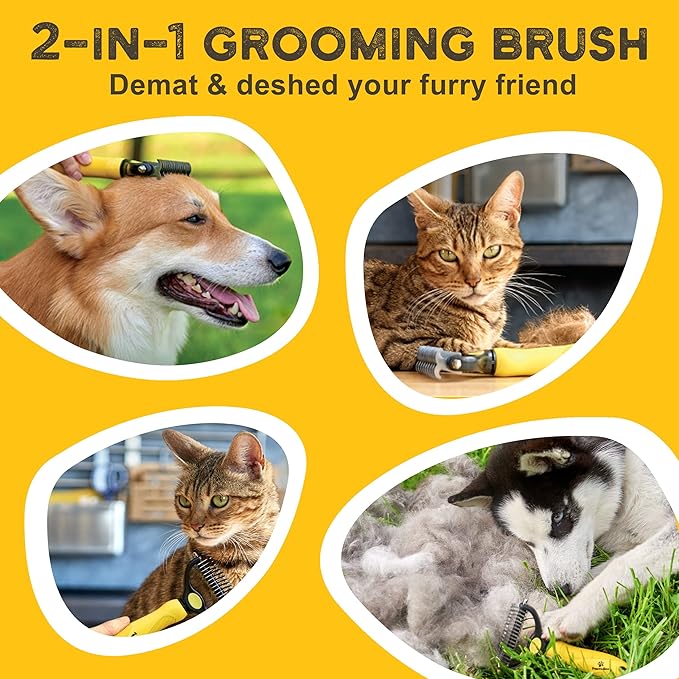 Deshedding Dog Brush - Double-Sided Pet Hair Remover for Cats &amp; Dogs - Yellow Undercoat Grooming Rake for Shedding and Dematting