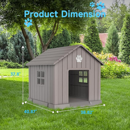 DRATO Dog House Indoor Outdoor for Small to Large Sized Dogs Indoor Outdoor Doghouse Puppy Shelter with Elevated Floor, Easy to Assemble (Light Brown, 38Inch(37.8 * 40.87 * 38.82))