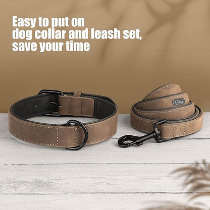 Didog Soft Padded Leather Dog Collar and Leash Set, Adjustable Dog Leash and Collar Set with Metal Buckle, Breathable Dog Collars with 4FT Leather Dog Leash for Small Medium Large Dogs, Brown, XL
