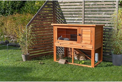 TRIXIE natura Outdoor Rabbit Hutch with Run - 2-Story Rabbit Cage with Non-Slip Ramp - Large Elevated Small Animal House with Secure Playpen, Hinged Roof &amp; Pull-Out Tray - in Brown