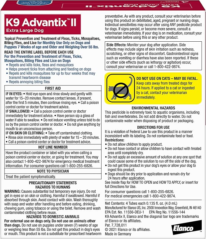 K9 Advantix II XL Dog Vet-Recommended Flea, Tick &amp; Mosquito Treatment &amp; Prevention | Dogs Over 55 lbs. | 4-Mo Supply