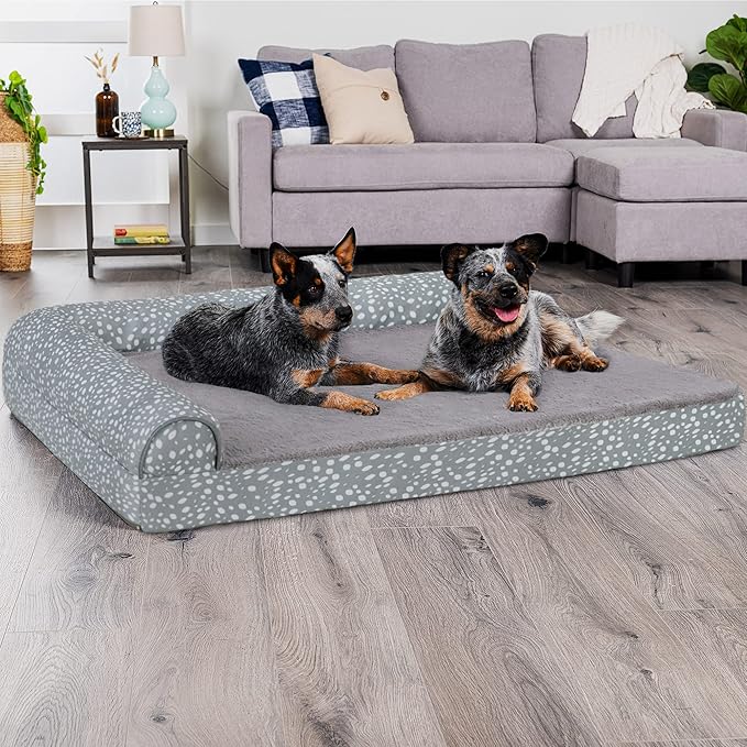 Furhaven Cooling Gel Dog Bed for Large Dogs w/ Removable Bolsters &amp; Washable Cover, For Dogs Up to 125 lbs - Plush &amp; Almond Print L Shaped Chaise - Gray Almonds, Jumbo Plus/XXL