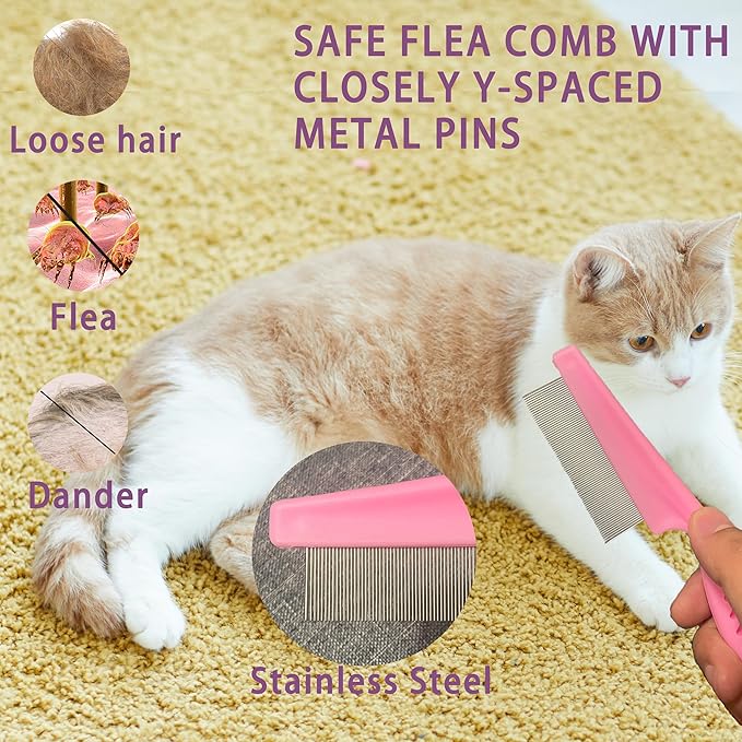 Cat Grooming Brush Kit 6 Tools - Deshedding &amp; Dematting for Long/Short Hair, Self-Cleaning Slicker Brush with 6-in-1 Flea Comb for Cats &amp; Kittens (Pink)