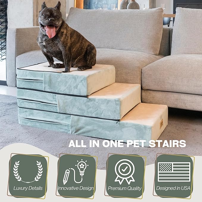 All-in-One Adjustable Dog Stairs – 5-Step Premium Pet Ramp for Small to Large Dogs – Sturdy, Non-Slip &amp; Versatile for Beds, Sofas &amp; More - Soft Cover, Modern Design (Green)