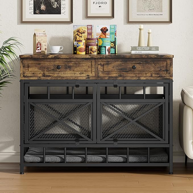 IRONCK 44 inch Large Dog Crate Furniture, Wooden Dog Kennel with Storage Drawers for Medium/Large Dogs, Decorative Dogs Kennel Indoor, Rustic Brown