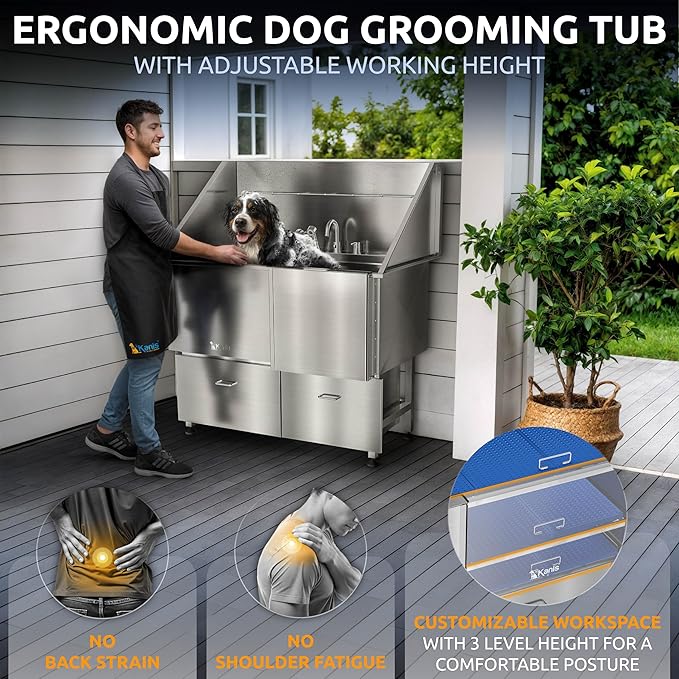 KANIS Professional Dog Washing Station - 304 Stainless Steel Pet Wash Sink &amp; Grooming Bath Tub for Home with Ramp, Shower, Floor Grate, Storage Drawers, and Faucet for Large, Medium &amp; Small Pets
