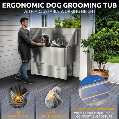KANIS Professional Dog Washing Station - 304 Stainless Steel Pet Wash Sink &amp; Grooming Bath Tub for Home with Ramp, Shower, Floor Grate, Storage Drawers, and Faucet for Large, Medium &amp; Small Pets