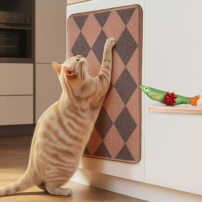 SCRATCHABLE Sisal Cat Scratcher, [+ Catnip Fish Toy], Cat Wall Scratcher, Couch Protector from Cat Scratching, 24 X 15.8 with 12 Adhesive Velcro Stripes. (Brown Diamonds)