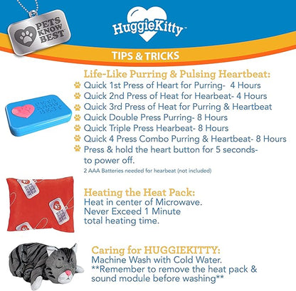 Pets Know Best HuggieKitty | Comfort Purring Companion with Heartbeat Sleep Aide for Cats &amp; Kittens, Heating for Calming Relief, Carrier &amp; Behavioral Training Essential, Breeds, Grey