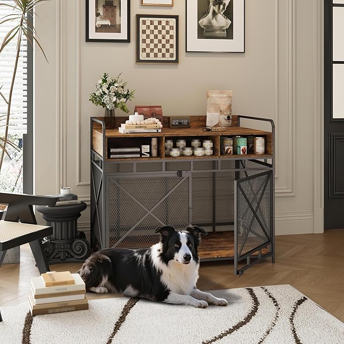 Dog Crate Furniture, 48" Heavy Duty Wooden Dog Crate End Table, XL Dog Kennel Furniture Large Breed, Decorative Dog Kennel Indoor with 3 Drawers &amp; Steel Tubes 48" L x28 W x38 H (Rustic Brown)