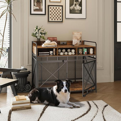 Dog Crate Furniture, 48" Heavy Duty Wooden Dog Crate End Table, XL Dog Kennel Furniture Large Breed, Decorative Dog Kennel Indoor with 3 Drawers &amp; Steel Tubes 48" L x28 W x38 H (Rustic Brown)
