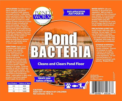 Pondworx Pond Bacteria - Concentrated &amp; Formulated for Water Features - Safe for Koi - 16 Ounces &amp; Treats up to 2,500 gallons of Water