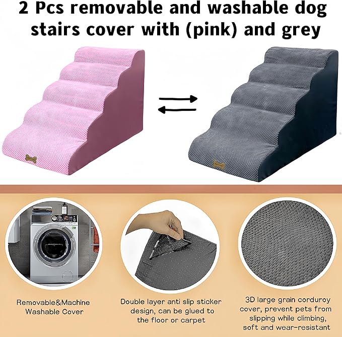 Dog Stairs &amp; Pet Ramp for Small/Large Dogs to High Beds/Couches - 5 Steps 24-inch Height for 18-30 inch Furniture, 2 Washable Covers (Pink, Grey), Non-Slip Balanced 33D Design for Old Dogs &amp; Cats