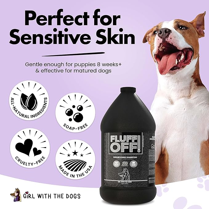Fluff Off! by Girl With The Dogs, Natural Deshedding Dog &amp; Cat Shampoo, 1 Gal, Made in USA, 8 Wks+