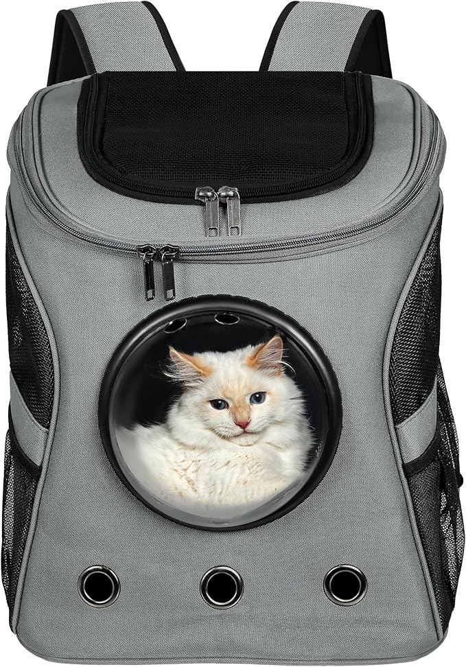 Cat Backpack Carrier, Airline Approved, Space Capsule Bubble Design, Ideal for Cats &amp; Dogs up to 28-35 lbs, with Strong Straps, Safety Zippers, Mesh, Comfortable for Hiking &amp; Travel (Grey)