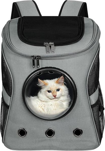 Cat Backpack Carrier, Airline Approved, Space Capsule Bubble Design, Ideal for Cats &amp; Dogs up to 28-35 lbs, with Strong Straps, Safety Zippers, Mesh, Comfortable for Hiking &amp; Travel (Grey)
