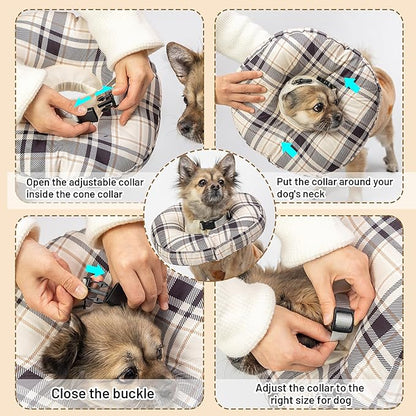 Cat Cone Collar Soft, Adjustable Plaid Elizabethan Cat Recovery Collar After Surgery to Prevent Licking &amp; Scratching Wound, Fits Small Medium Large Cats, Puppy, Small Dogs