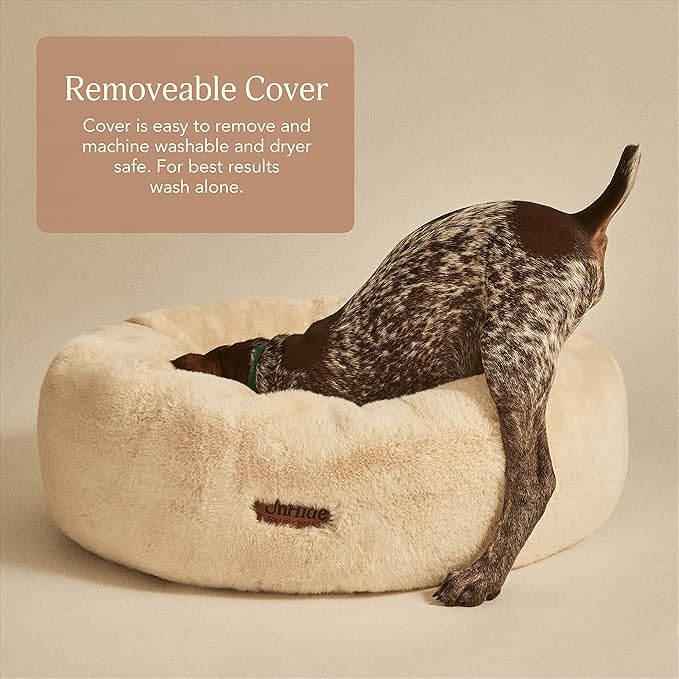 UnHide Floof Pet Bed - Medium (28" x 10") - Extra Soft Dog Bed - Removable Faux Fur Cover - Machine Washable - Helps Ease Pet Anxiety &amp; Provides The Perfect Sleep - Beige Bear