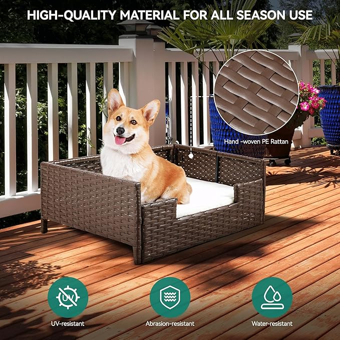 YITAHOME Rattan Dog Sofa Bed with Cushion,Wicker Pet Bed Sofa Couch Indoor Outdoor Water Unaffected for Large Medium Small Dogs Cats (24.8&