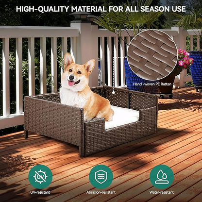 YITAHOME Rattan Dog Sofa Bed with Cushion,Wicker Pet Bed Sofa Couch Indoor Outdoor Water Unaffected for Large Medium Small Dogs Cats (24.8&