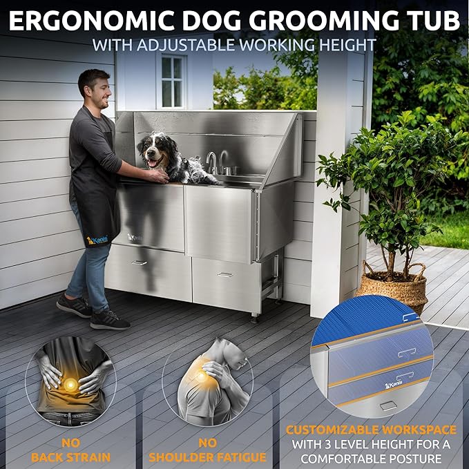 KANIS Professional Dog Washing Station - 304 Stainless Steel Pet Wash Sink &amp; Grooming Bath Tub for Home with Ramp, Shower, Floor Grate, Storage Drawers, and Faucet for Large, Medium &amp; Small Pets