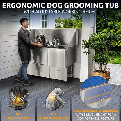 KANIS Professional Dog Washing Station - 304 Stainless Steel Pet Wash Sink &amp; Grooming Bath Tub for Home with Ramp, Shower, Floor Grate, Storage Drawers, and Faucet for Large, Medium &amp; Small Pets