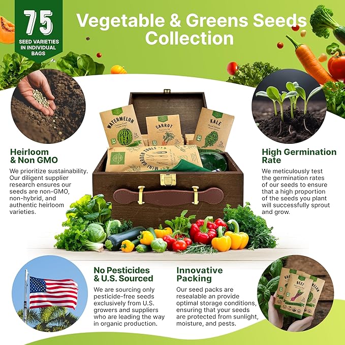 75 Vegetable &amp; Greens Seeds Variety Pack, Garden Seed Starter Kit - Over 44,700 Non-GMO Heirloom Seeds for Planting Vegetables and Greens, Gift Seed Box with Gardening Supplies, Survival Kit