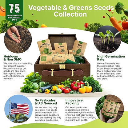 75 Vegetable &amp; Greens Seeds Variety Pack, Garden Seed Starter Kit - Over 44,700 Non-GMO Heirloom Seeds for Planting Vegetables and Greens, Gift Seed Box with Gardening Supplies, Survival Kit