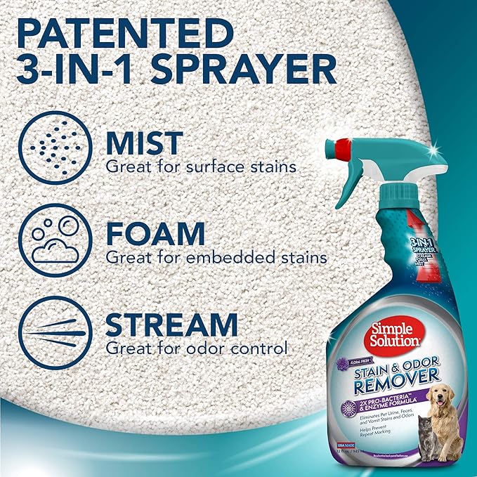 Simple Solution Stain and Odor Eliminator Spray for Dogs &amp; Cats, Enzyme Cleaner With 2X Pro-Bacteria Cleaning Power, Strong Smell Remover for Carpets, Upholstery &amp; Floors, Floral Fresh Scent, 32 oz
