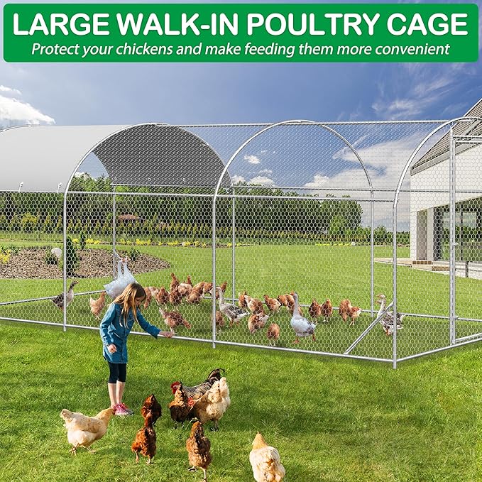 Large Metal Chicken Coop, Walk-in Chicken Run Pen with Waterproof Cover, Dome Roof Poultry Cage for Outdoor, Backyard, Farm (8.96&