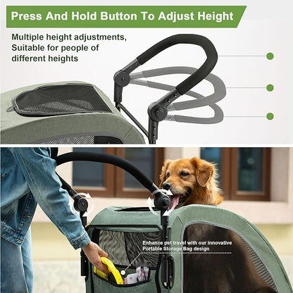 Large Dog Stroller - Dual Entry Safety Folding Pet Stroller with Adjustable Handle, All-Terrain 4-Wheel, 160 lbs Weight Capacity for Travel &amp; Outdoor Adventures - Green