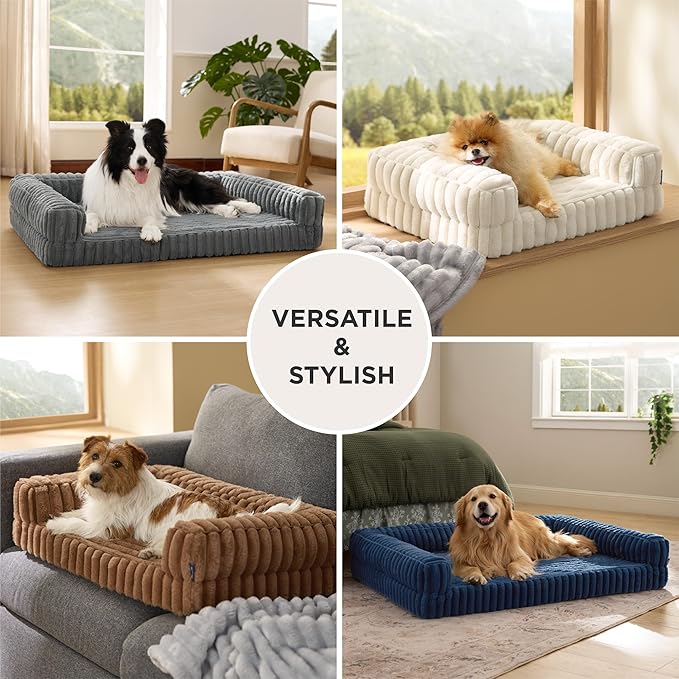 Bedsure Orthopedic Dog Beds Large Sized Dog, Waterproof Memory Foam Pet Bed with Sides, Non-Slip Bottom and Egg-Crate Foam Large Pet Couch Sofa with Washable Removable Corduroy Cover, Cream