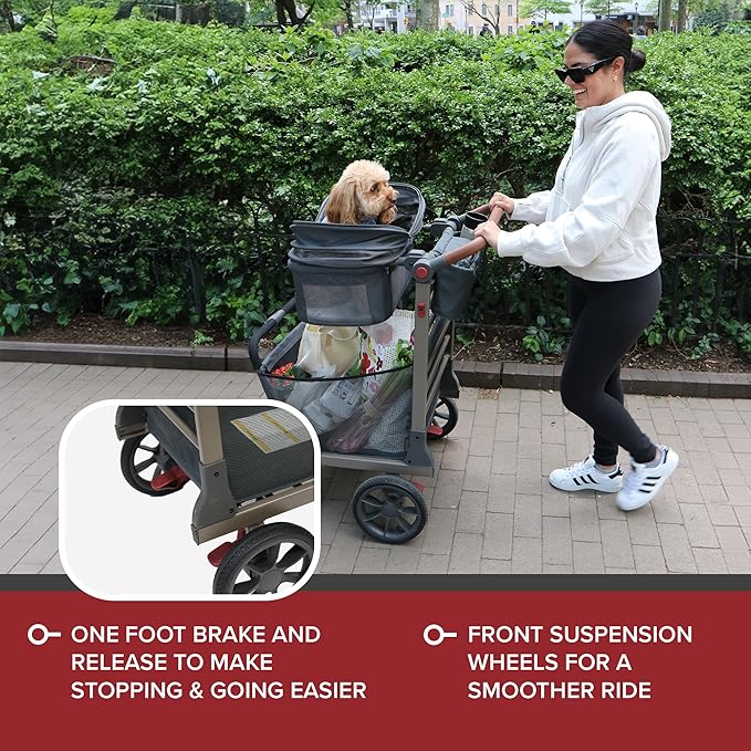 Pet Foldable Cart - Luxury Cat &amp; Dog Stroller with Extra Large Shopping Basket, Cup Holders, &amp; Ventilated Canopy - Easy Fold Pet Stroller for Cats &amp; Dogs