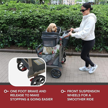 Pet Foldable Cart - Luxury Cat &amp; Dog Stroller with Extra Large Shopping Basket, Cup Holders, &amp; Ventilated Canopy - Easy Fold Pet Stroller for Cats &amp; Dogs