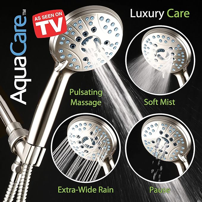 Hotel Spa AquaCare High Pressure 8-mode Handheld Shower Head - Anti-clog Nozzles, Built-in Power Wash to Clean Tub, Tile &amp; Pets, Extra Long 6 ft. Hose, Wall &amp; Overhead Brackets - 1.8 GPM