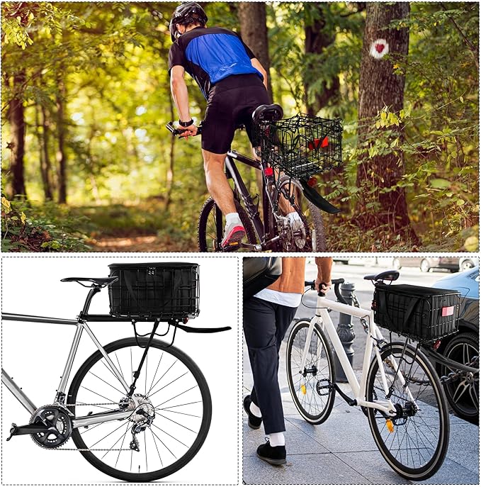 Aodaer Rear Bike Rack with Basket Quick Release Bike Rear Rack Heavy Duty Folding Bike Basket with Waterproof Bag &amp; Cargo Net &amp; Installation Tool