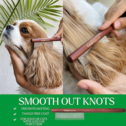 GranNaturals Wooden &amp; Metal Pet Comb for Detangling Hair, Grooming Fur, Dematting for Large and Small Dogs, Long &amp; Short Haired Cats