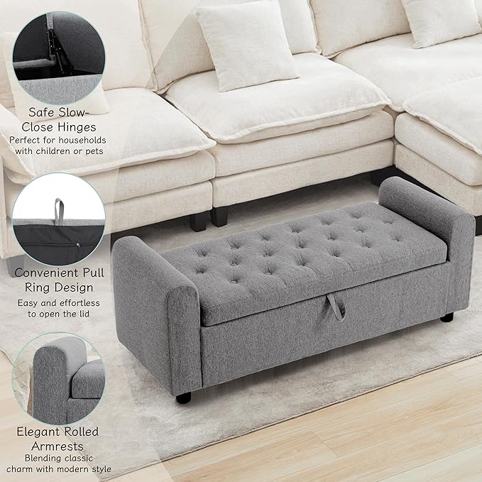 Ottoman with Storage, Tufted Storage Bench for Bedroom, 48" Fabrics End of Bed Bench, Upholstered Entryway Shoe Benches with Rolled Arm &amp; Inner Zipper, Window Ottomans Chest without Rivets, Dark Grey