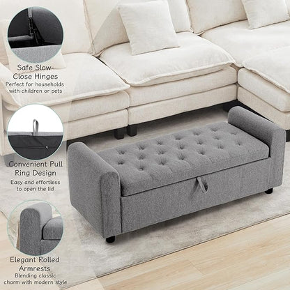 Ottoman with Storage, Tufted Storage Bench for Bedroom, 48" Fabrics End of Bed Bench, Upholstered Entryway Shoe Benches with Rolled Arm &amp; Inner Zipper, Window Ottomans Chest without Rivets, Dark Grey
