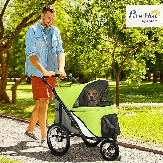 PawHut Dog Stroller, Pet Stroller 3 Wheels with Easy One-Hand Fold, Rubber Wheels, Storage Bag, Soft Cushion, Safety Leash, for Small &amp; Medium Dogs, Yellowish Green