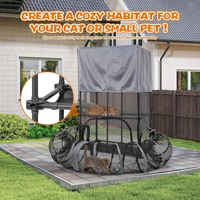 Catio Outdoor Cat Enclosure for Cats &amp; Small Animals, Pet Playpen Cat Climber with Removable Pet Tunnel for Indoor/Outdoor Use
