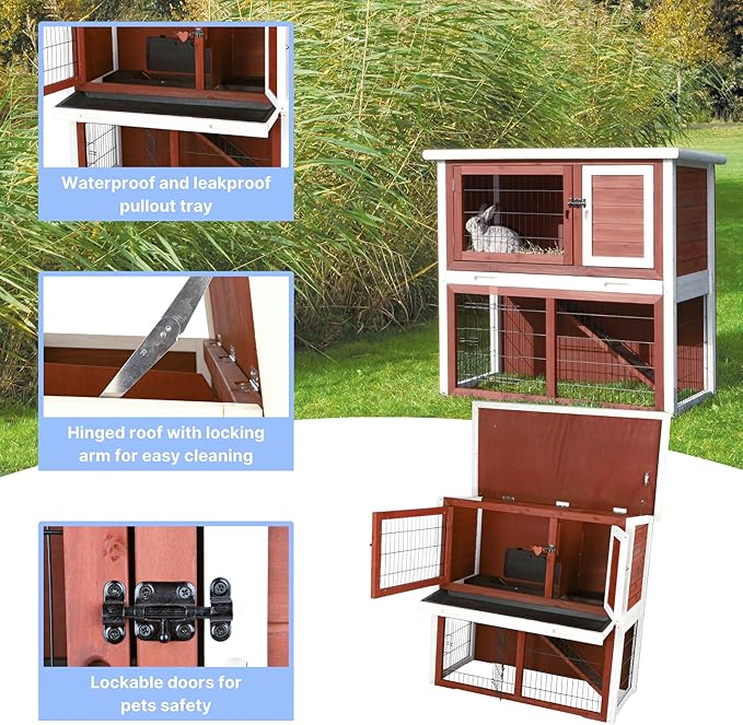 TRIXIE natura Outdoor Rabbit Hutch with Run - 2-Story Rabbit Cage with Non-Slip Ramp - Medium Elevated Small Animal House with Secure Playpen, Hinged Roof &amp; Pull-Out Tray - in Auburn/White