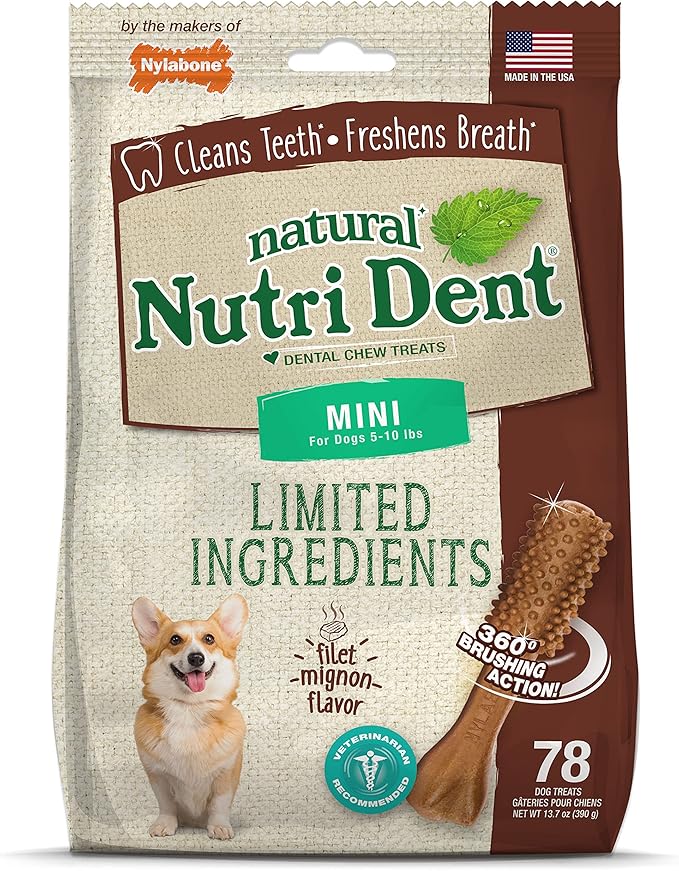 Nylabone Nutri Dent Dog Dental Treats - Natural Dog Teeth Cleaning &amp; Breath Freshener - Dental Treats for Dogs - Filet Mignon Flavor, Mini (78 Count)