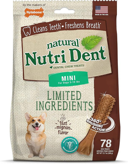 Nylabone Nutri Dent Dog Dental Treats - Natural Dog Teeth Cleaning &amp; Breath Freshener - Dental Treats for Dogs - Filet Mignon Flavor, Mini (78 Count)
