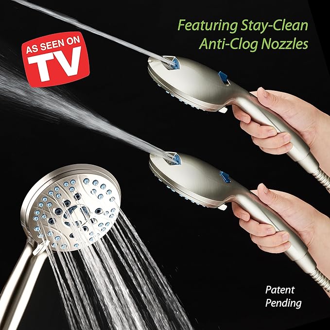 Hotel Spa AquaCare As-Seen-On-TV High Pressure 48-setting Rain &amp; Handheld 3-way Shower Head Combo - Anti-clog Nozzles/Tub, Tile &amp; Pet Power Wash/Extra Long 6 ft. Hose/Satin Nickel Finish